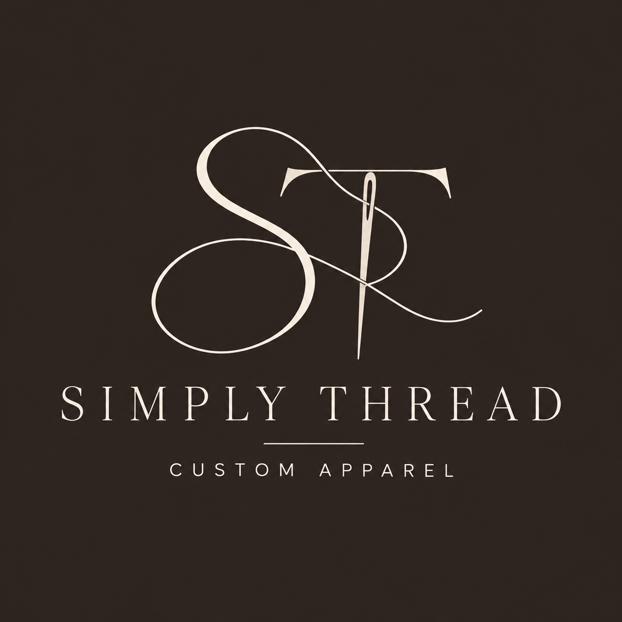 Simply Thread Custom Apparel cream logo on dark chocolate background